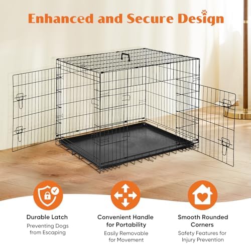 Sweetcrispy Dog Crate with Divider Panel, 42 Inch Double Door Folding Metal Wire Dog Cage with Plastic Leak-Proof Pan Tray, Large XL Pet Kennel for Indoor, Outdoor, Travel