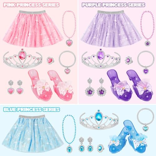 Princess Dress Up Toys & Jewelry Boutique, Costumes Set incl Color Skirts, Shoes, Crowns, Accessories, Girls Role Play Gift for 3 4 5 6 Year old Girl Toddler B-day Party Favors