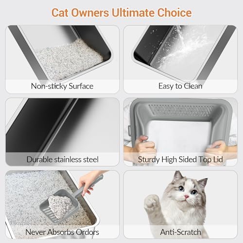 Stainless Steel Litter Box with Lid, XL Extra Large Metal Cat Litter Box for Big Cats, High Sided Design with Scoop & Pedal, Non-Stick, Anti-Leak, Easy to Clean-Light Grey