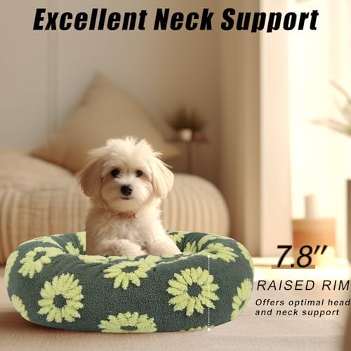 Calming Dog Bed, Fluffy Donut Dog & Cat Bed Washable, Round Anti Anxiety Small Dog Bed with Non-Slip Bottom (Fits up to 15 lbs Pets)