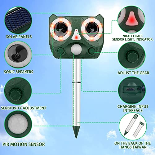 Solar Powered Animal Repellent, Ultrasonic Animal Repeller Waterproof Bird Deterrent Outdoor Cat Repellent, Squirrels Deterrent wirh Motion Sensor for Deer, Fox, Rabbits, Raccoons, Rats, Wild Pigs