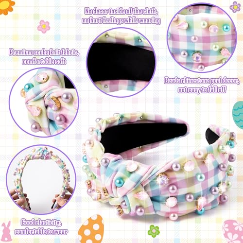 PANTIDE Easter Jeweled Knotted Headband - Colorful Pearl Rhinestone Beads Embellished Headband Non Slip Wide Top Knot Costume Hairband Hair Accessories Spring Birthday Gift for Women Girls (Plaid)