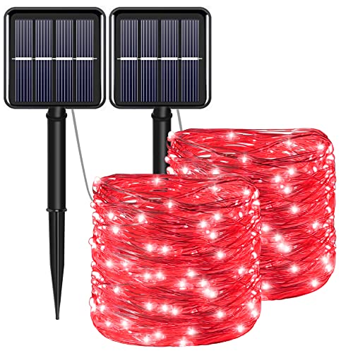 YAOZHOU Red Solar Christmas String Lights Outdoor Waterproof Decorations 100 LED(2 Pack) 8 Modes Copper String Lights Fairy Lights for Valentine's Day, Garden, Patio, Fence, Balcony