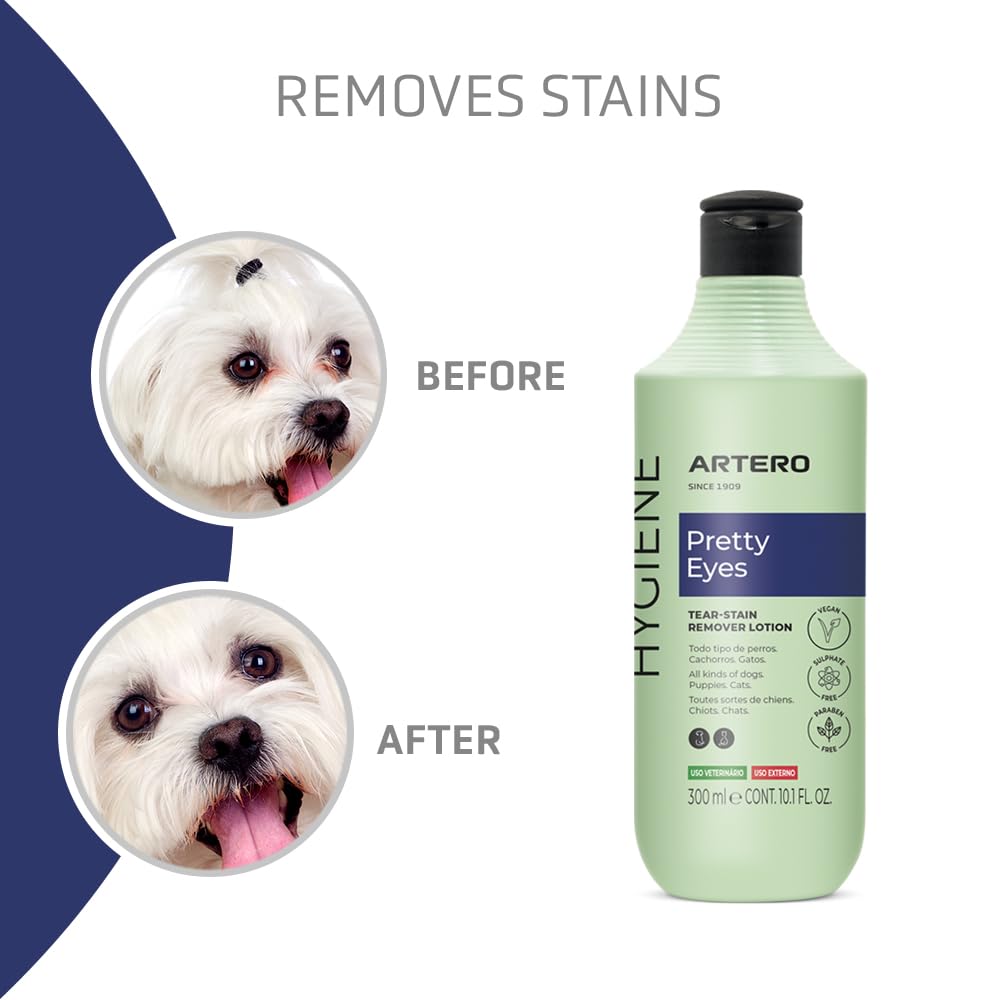 ARTERO Pretty Eyes. Eye Cleaner. Effectively removes Tear Stains from The Tear ducts of Dogs and Cats, ensuring a Clean and Healthy Appearance. 300 ml Bottle for Regular use.
