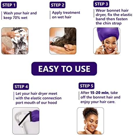 Bonnet Hair Dryer w/A Headband Integrated That Reduces Heat Around Ears & Neck - Hair Dryer Diffuser Cap for Hair Dryer Curly Hair, Speeds Up Drying Time, Deep Conditioning at Home - Large (Purple)