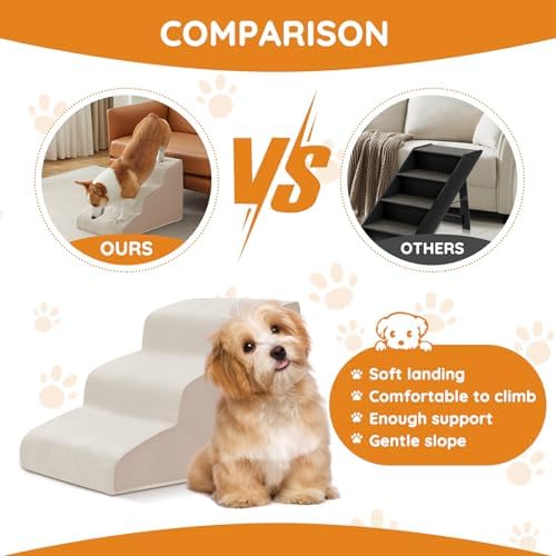 Pet Stairs for Small Dogs - 5-Step Curved Dog Ramp for Bed, Couch, Sofa, Car and Chairs - Non-Slip Bottom Design - Cat Scratching Board - High Density Foam Portable Pet Step - Beige