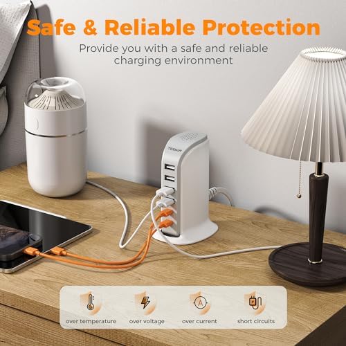 USB Charging Station for Multiple Devices, TESSAN USB C Charger Block for iphone13/14/15, Tablet, Earphone with 6 Ports Charging Tower for Home Office Travel Accessories