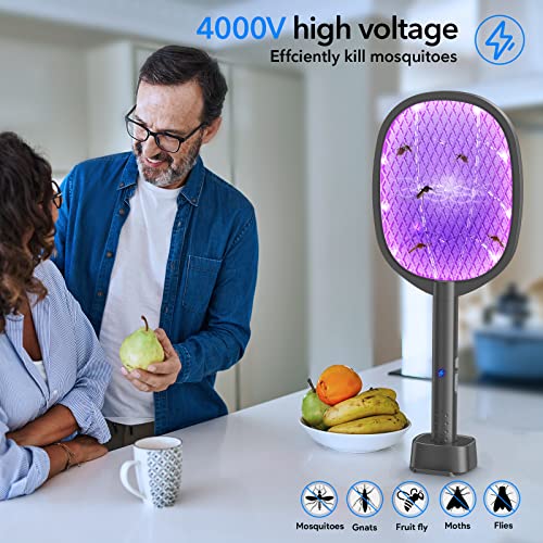 2 Pack Electric Fly Swatter 2 in 1 Bug Zapper Racket & Mosquito Zapper,4000V with USB Charging Base,Powerful Mosquito Swatter with 3 Layers of Safety Net Suitable for Indoor and Outdoor…