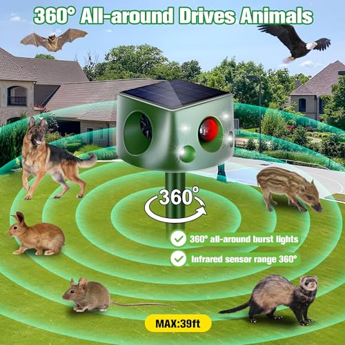 Solar Animal Repeller, 360Β° Ultrasonic Animal Repellent, 7 Modes Animal Repellent for Garden, IP66 Waterproof Animal Deterrent Devices Outdoor, Repels Cat, Dog, Rat, Squirrel, Deer, Rabbit, Raccoon