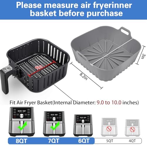 2 PCS Silicone Air Fryer Liners 9 Inch Square Easy Cleaning Airfryer Silicone Liners for 6-9 QT Frying Basket, Heat Resistant Reusable Ninja Air Fryer Accessories (Grey+Green)