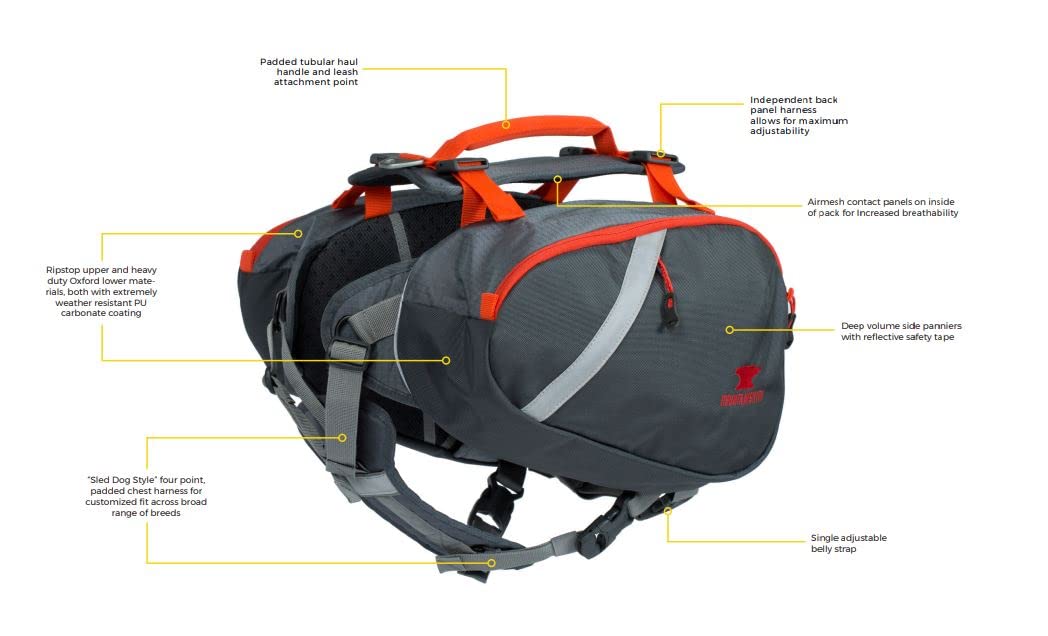 Mountainsmith K9 Dog Pack, Adjustable Chest and Back Harness Canine Backpack, Saddle Bags with Zippered Pockets for Camping, Travel, Outdoors, Backpacking, Hiking, Lava Red, Small