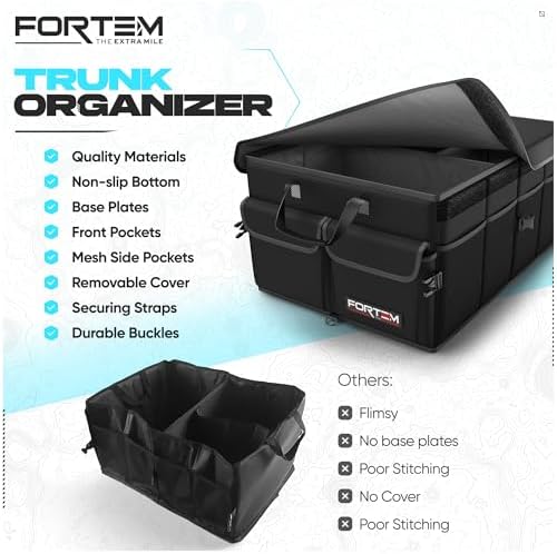 FORTEM Car Trunk Organizer, Collapsible Multi Compartment SUV Organizer, Foldable Storage for Car Accessories for Women Men, 600D Oxford, Non Slip Bottom, Securing Straps, Soft Cover (50L)