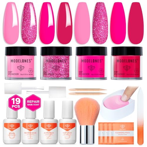 Modelones Dip Powder Nail Kit, 4 Colors Valentine's Day Hot Pink Glitter Dipping Starter Set with Liquid and Complete Accessories for French Nails Art Salon DIY at Home Manicure