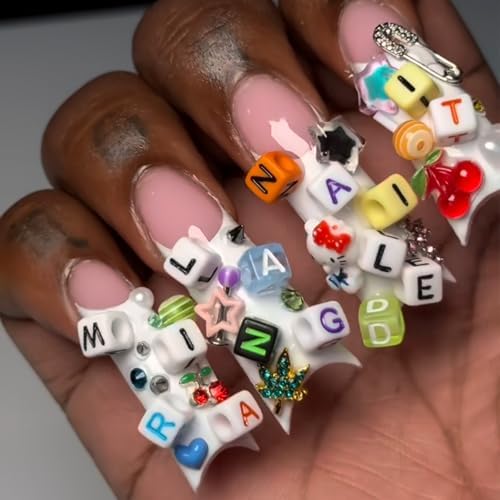 606PCS Nail Charms for Acrylic Nails,Large Letters Puncture Charms Silver and Colourful Alphabet Beads Dice Nail Accessories Nail Art Supplies Manicure Craft DIY