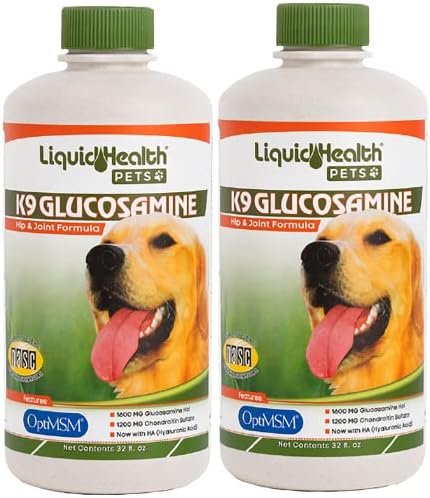 LIQUIDHEALTH 32 Oz K9 Liquid Glucosamine for Dogs, Puppies and Senior Canines - Chondroitin, MSM, Hyaluronic Acid – Joint Health, Dog Vitamins Hip Joint Juice, Dog Joint Oil (2-Pack)