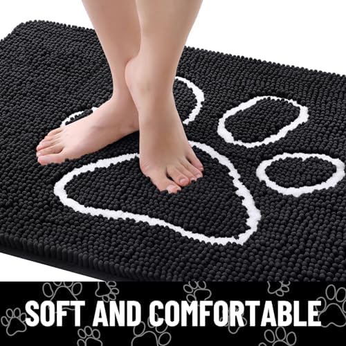 Smiry Dog Door Mat for Muddy Paws, Absorbent Dirt Trapper Non Slip Quick Dry Washable Chenille Mat for Mud Dogs, Entry Rug for Indoor and Outdoor (70x24 Inches, Black)