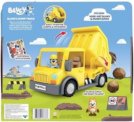 Bluey Dump Truck, with Load and Unload Feature, Get Some Work Done with Exclusive Hard-Hat and Muddy Bingo