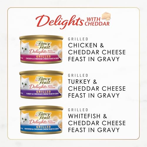 Purina Fancy Feast Delights with Cheddar Grilled Chicken, Turkey or Whitefish and Cheddar Cheese Feast in Gravy Wet Cat Food Variety Pack - (Pack of 24) 3 oz. Cans