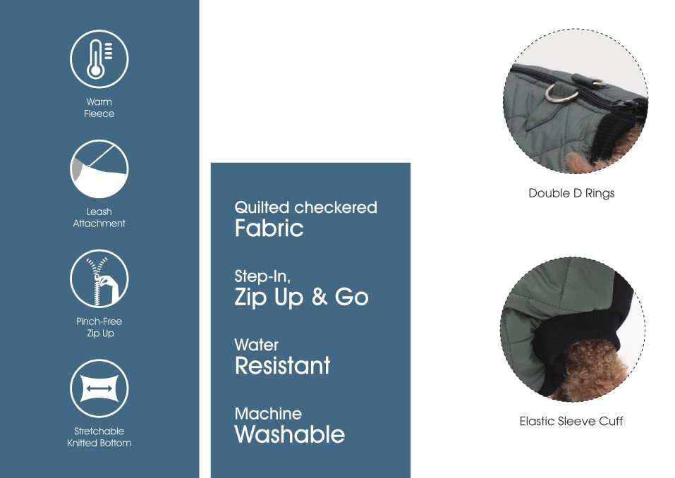 K10 Quiltee Coat - Warm Dog Coat with Leash Attachment - Water Resistant Jacket with Leash Ring - Built in D Ring Harness - Fleece Lined Vest - Lighter Than a Sweater - Small Dogs (S, Olive Green)