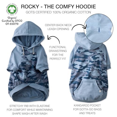 Pet Passion Rocky – The Original Lightweight Hooded Tee 100% Organic Cotton Dog Hoodie Pet Coat Sweater for All Sized Dogs, Original Navy Half Camo, Medium (20-45 lbs)