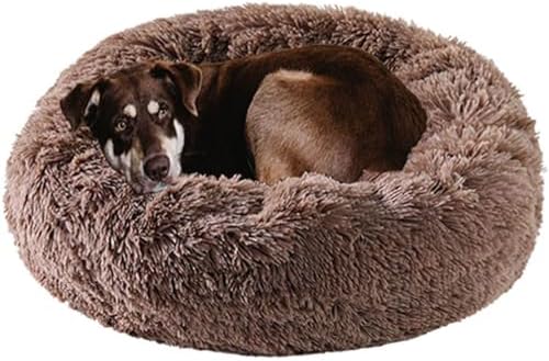Dog Bed Calming Dog Beds for Small Medium Large Dogs - Round Donut Washable Dog Bed, Anti-Slip Faux Fur Fluffy Donut Cuddler Anxiety Cat Bed(28'' Khaki