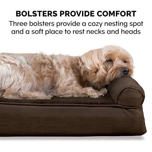Furhaven Cooling Gel Dog Bed for Large Dogs w/ Removable Bolsters & Washable Cover, For Dogs Up to 125 lbs - Plush & Suede Sofa - Espresso, Jumbo Plus/XXL