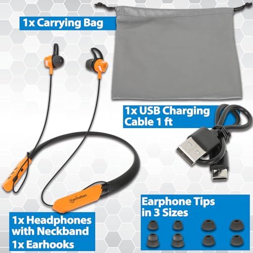 MANHATTAN Bluetooth Wireless Neckband Headphones — Work Earbud Earphones with 15H Playtime, Noise-Isolating, IPX4 Water Resistant, Built-in Mic – for Work, Music, Calls – 3 Yr Mfg Warranty -179829