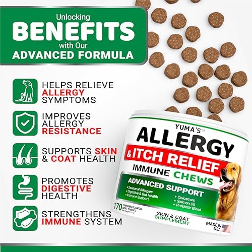 YUMA'S Dog Allergy Relief Chews - Dog Itching Skin Relief Treatment Pills - 170 Treats - Anti-Itch Chewables - Itchy and Paw Licking - Hot Spots - Omega 3 Fish Oil - Dry Skin & Coat Supplement