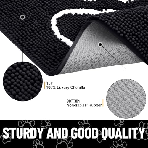 Smiry Dog Door Mat for Muddy Paws, Absorbent Dirt Trapper Non Slip Quick Dry Washable Chenille Mat for Mud Dogs, Entry Rug for Indoor and Outdoor (70x24 Inches, Black)