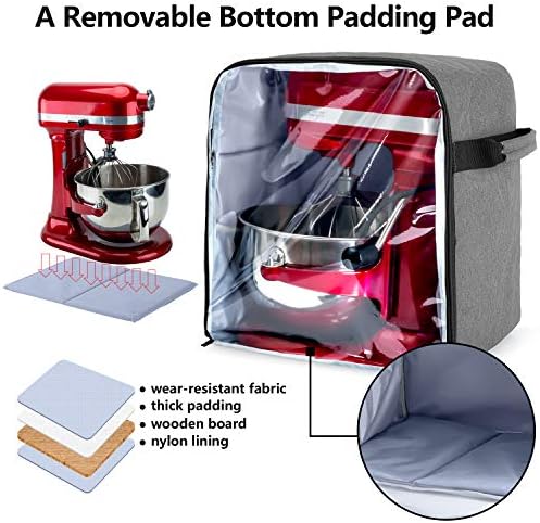 Luxja Dust Cover Compatible with 6-8 Quart KitchenAid Mixers (with a Bottom Padding Pad), Dust Cover (Clear Front Panel) for Stand Mixers and Extra Accessories, Gray (Patented Design)