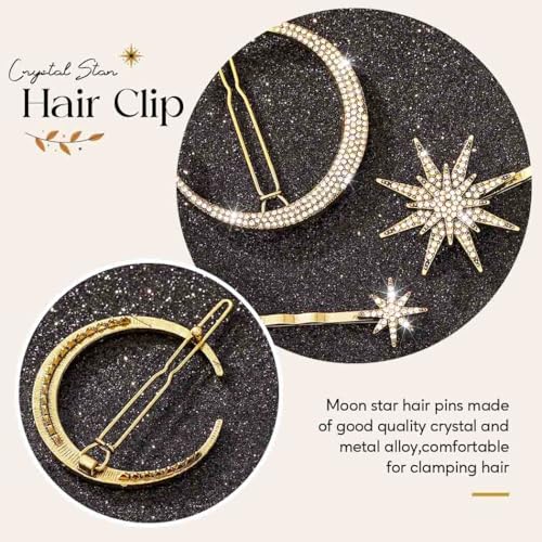 Bartosi Rhinestone Moon Hair Clips Star Hairpins Crystal Decorative Bobby Pins Retro Bride Wedding Hair Pins Side Clip Hair Accessories for Women and Girls (Pack of 3) (Bronze)