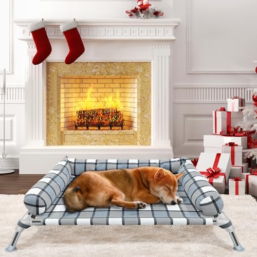 Elevated Raised Dog Bed Cot - Cooling Raised Dog Bed with Bolster Portable Washable Pet Cot Bed with Metal Frame Dog Hammock Bed for Indoor & Outdoor Medium
