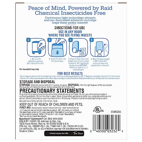 Raid Essentials Flying Insect Light Trap Starter Kit, 2 Plug-In Devices + 2 Cartridges, Featuring Light Powered Attraction