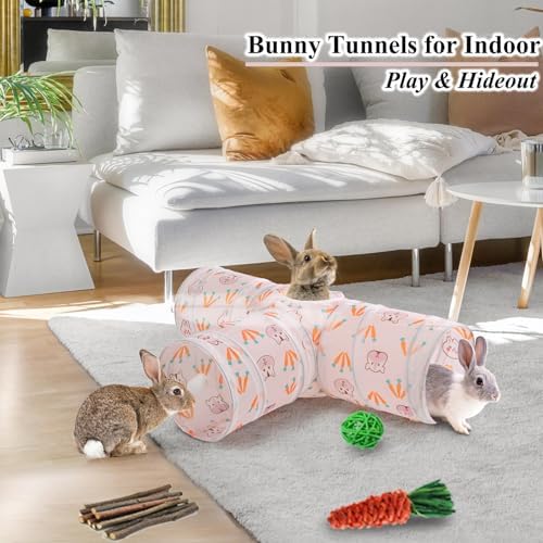 HERCOCCI Rabbit Toys, Bunny Tunnels & Tubes, Collapsible 3 Way Rabbit Hideout Tunnel with Chew Toys for Bunny Guinea Pig Ferret Kitten