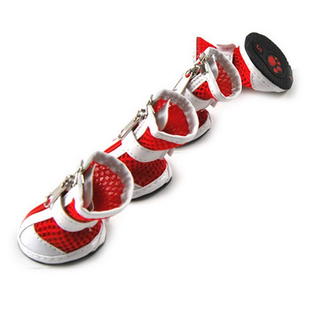 ZUNEA Small Dog Shoes for Hot Pavement Summer Breathable Mesh Boots Adjustable Non Slip Zipper Pet Dogs Booties White PU Paw Protector Red 3#