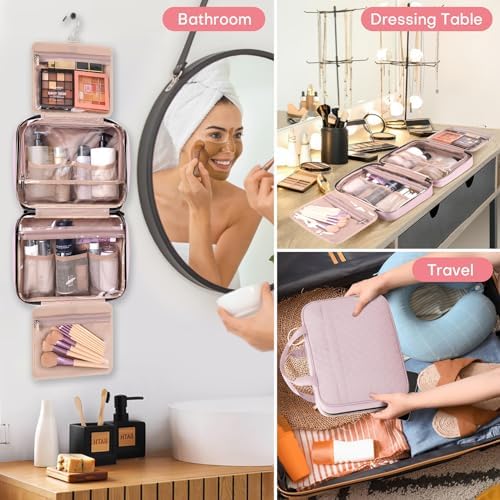 Travel Toiletry Bag for Women, Portable Makeup Cosmetic Bag with Hanging Hook, Travel Essentials 3 in 1 Packing Organizer Travel Bag for Accessories, Shampoo, Full-size Container, Toiletries