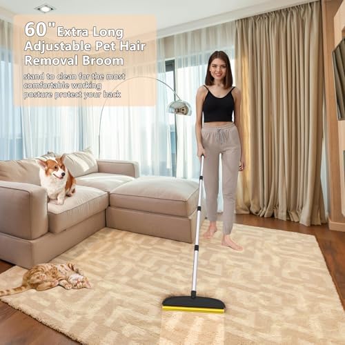 2 in 1 TPU and Copper Rake Teeth Carpet Rake for Pet Hair Removal, 60inch Adjustable Long Handle Pet Hair Remover, Reusable Cat Dog Hair Rake Broom, Lint Remover Scraper for Carpet,Rugs,Bed,Couch