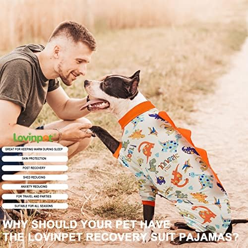 LovinPet Dog Onesie, Large Dog Pajamas, Anti-Licking, Post-Surgery Recovery Clothes, Lightweight Stretch Jersey Knit Jurassic Blue Prints - UV Protection/3XL