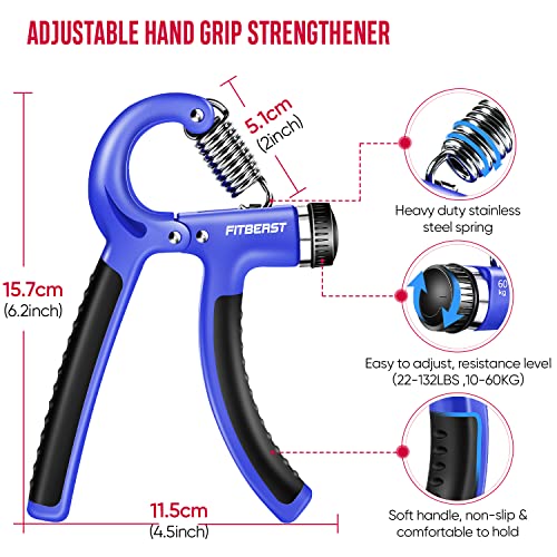 Hand Grip Strengthener Workout Kit (5 Pack) FitBeast Forearm Grip Adjustable Resistance Hand Gripper, Finger Exerciser, Finger Stretcher, Grip Ring & Stress Relief Grip Ball for Athletes (Navy Blue)