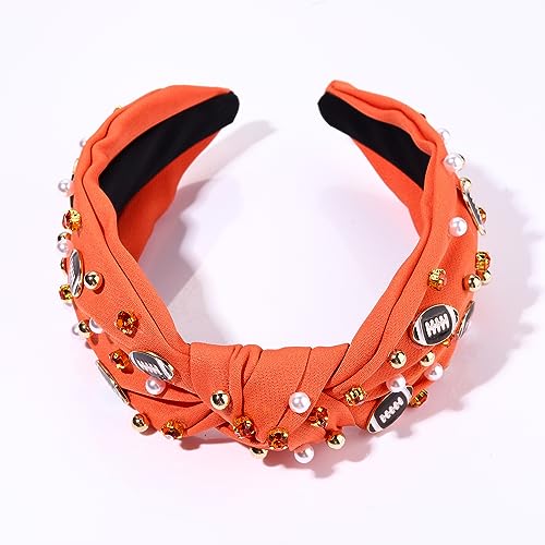 Football Headband Pearl Rhinestone Jeweled Knotted Headband Fun Sports White Hot Pink Black Blue Football Embellished Wide Top Knot Hairband Headpiece Game Day Sports Hair Accessories Gift for