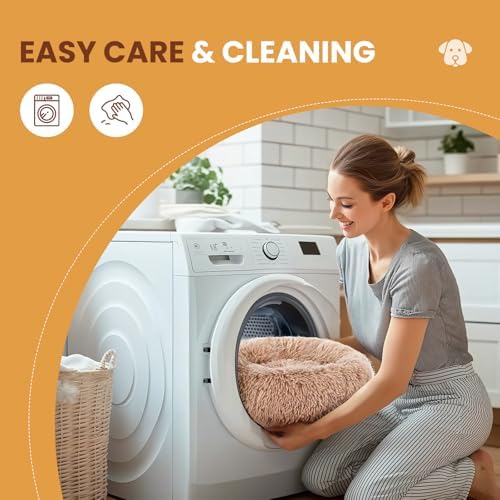 DUMOS Calming Donut Cat & Dog Bed for Medium Dogs, Machine Washable Cuddle Warming Cozy Fluffy Faux Fur Plush Round Dog Bed, Anti-Anxiety Waterproof Anti-Slip Pet Bed, Brown, 24×24×8 Inches