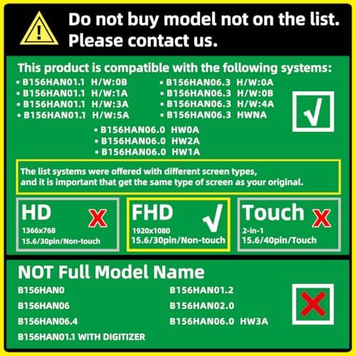 15.6'' Non-Touch 30Pin Replacement Screen Compatible with B156HAN01.1 -HW:0B/1A/3A/5A, B156HAN06.0 -HW0A/2A/1A, B156HAN06.3-0A/0B/4A/NA, FHD 1920x1080, IPS, w/Bracket Display Panel