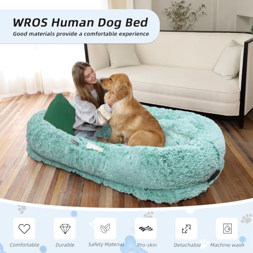 Human Dog Bed, 71''x45''x12'' Size Fits You and Pets, Washable Faux Fur Dog Bed for People Doze Off, Napping Orthopedic Dog Bed, Present Plump Pillow, Blanket, Strap - GreenWhite