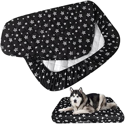 Waterproof Dog Bed Covers Replacement Washable Pet Hair Easy to Remove, Noiseless Quilted Puppy Pet Bed Cover Lovely Black Star Print 44x54 Inches, for Dog/Cat, Cover Only