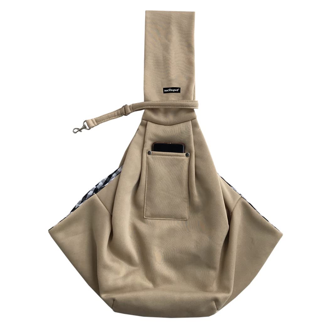Leconpet Dog Sling Carrier Shoulder Bag for Pets with Mobile Phone Pocket Safety Buckle Security Lock, Suitable for Puppy, Small Dogs, and Cats for Outdoor Travel (Khaki)