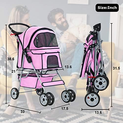 BestPet Pet Stroller Cat Dog Cage Stroller Travel Folding Carrier,Pink