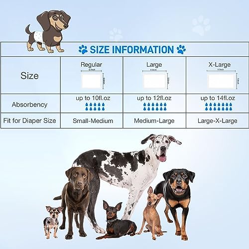 Dog Diaper Liners 100ct,Super Leak Proof and Absorption Disposable Dog Diaper Booster Pads for Female and Male Fit Most Reusable Pet Belly Bands,Wraps,and Period Diapers(Large,M-100ct)