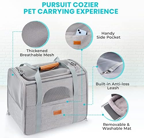 Morpilot Portable Cat Carrier - Soft Sided Cat Carrier for Medium Cats and Puppy up to 15lbs, Pet Carrier with Locking Safety Zippers, Foldable Bowl, Airline Approved Travel Dog Carrier - Light Gray