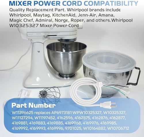 Mixer Cord Power 9701025 for KitchenAid Stand Mixer Replacement (White),3.9ft Cord-Power Fits Various KitchenAid Models