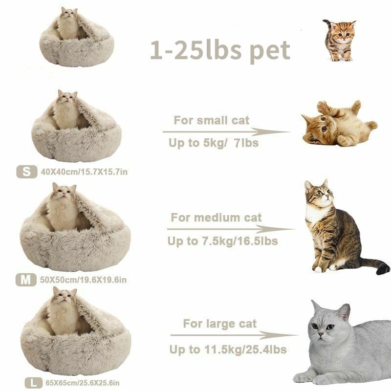 Cat Bed Round Fluffy Hooded Cat Bed Cave, Anti-Anxiety Cave Bed with Hooded Blanket, Cozy Cuddler Luxury Puppy Pet Bed, Anti-Slip Bottom and Machine Washable (Khaki, Medium)